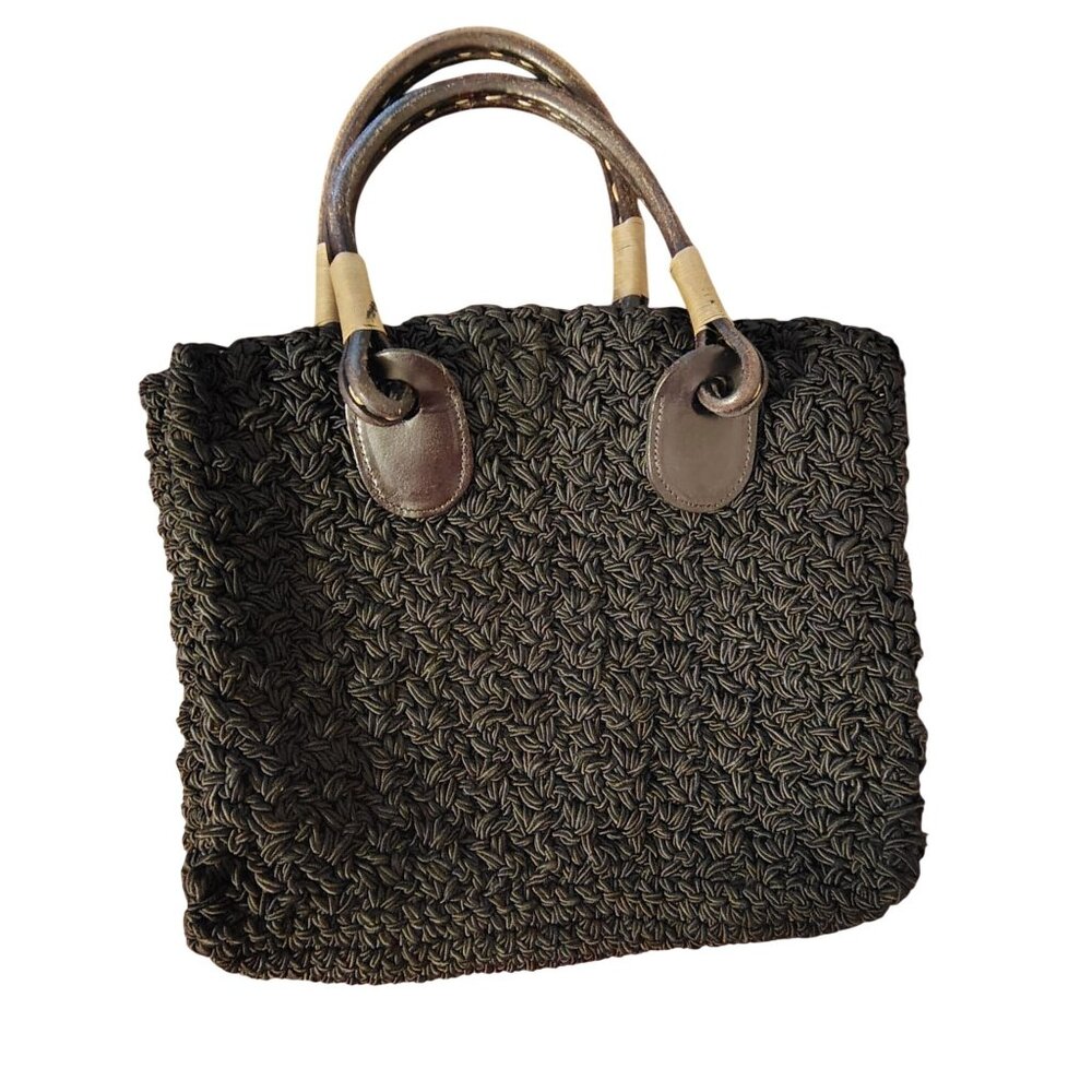 Carrie Forbes Black Braided Woven Double Leather Handle Shoulder Bag Purse